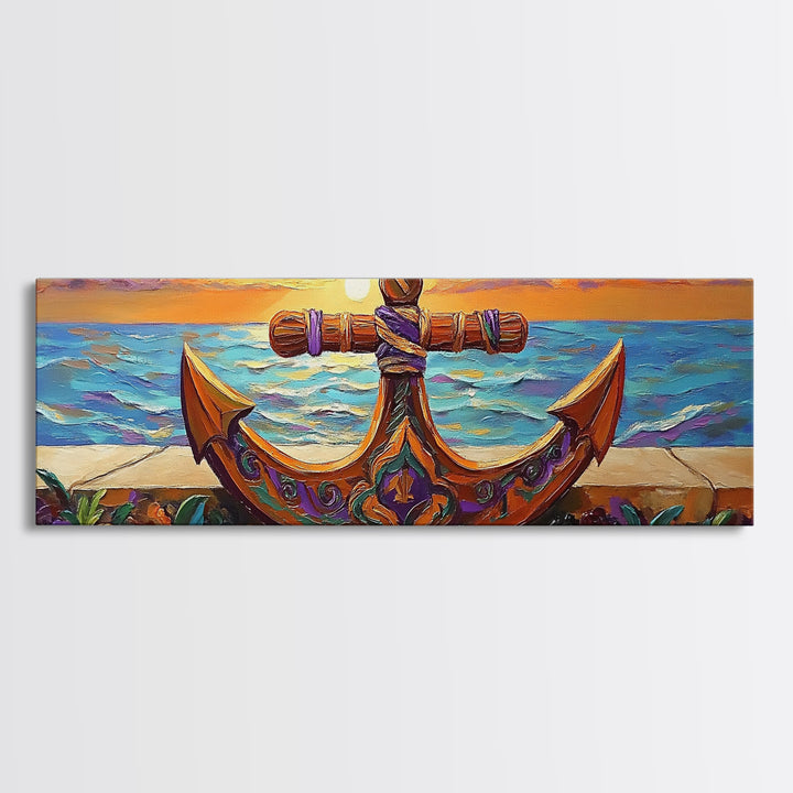 Anchor Seaside Art, Nautical Sunset, Framed Canvas Print, Coastal Home Decor, Ocean Lover Gift, Beach Living Room Wall Art