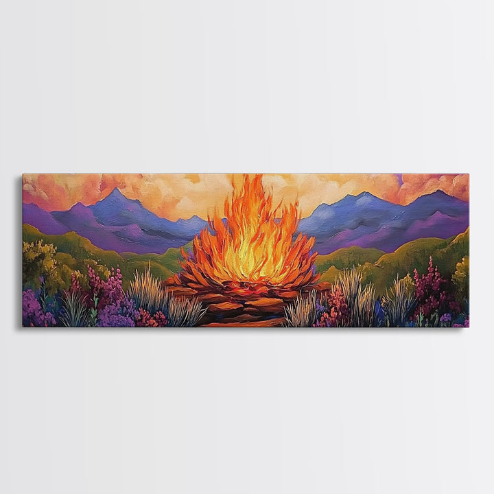 Dramatic Bonfire Night, Vibrant Flame in Hills, Scenic Nature Wall Art, Framed Canvas Print, Fall Lodge Decor, Rustic Landscape Artwork