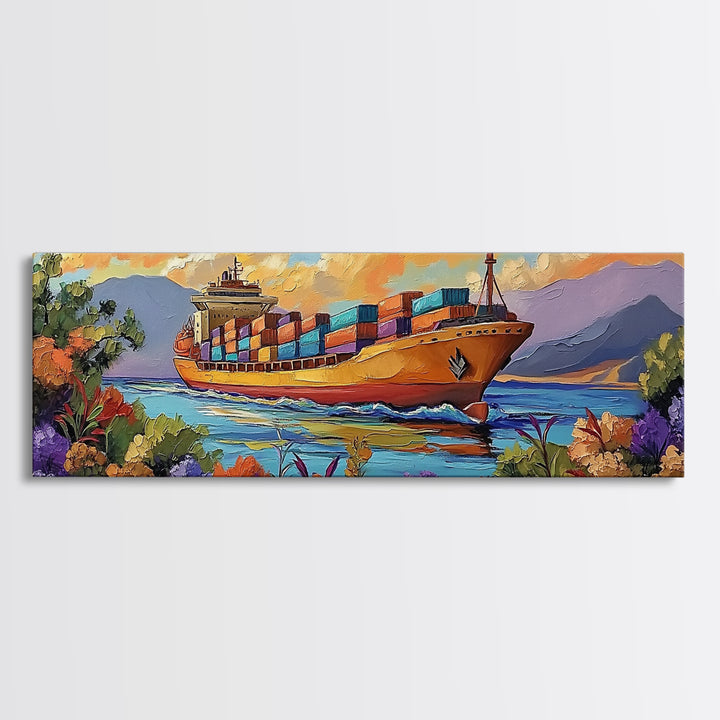 Coastal Cargo Ship, Vibrant Ocean Painting, Nautical Decor, Container Ship Art, Canvas Print, Modern Seascape, Office Wall Art, Boho Art