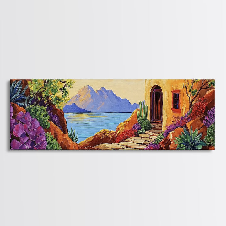 Adobe House View, Desert Coastal Path, Southwest Landscape, Mountain Ocean Art, Canvas Print, Kitchen Wall Art, Warm Boho Style