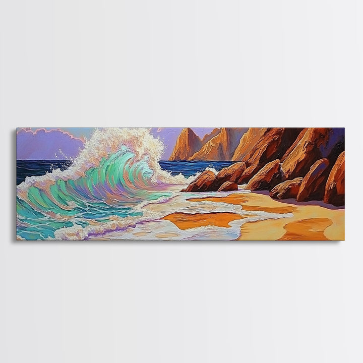 Crashing Wave, Coastal Shore, Sunset Beach, Framed Canvas Print, Ocean Wall Art, Beach Decor, Vibrant Surf Painting, Bathroom Art