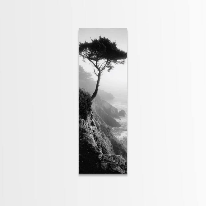 Coastal Tree, Cliff View, Ocean Mist, Moody Landscape, Canvas Print, Serene Bedroom Art, Monochrome Nature Photography Style