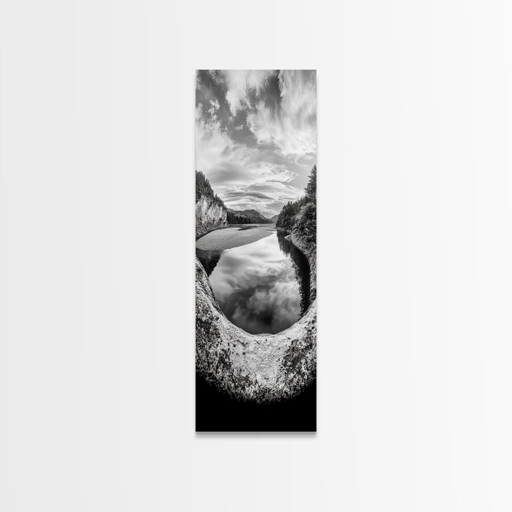 Black and White River, Forest Nature Scene, Reflection Wall Art, Framed Canvas Print, Neutral Landscape, Minimalist Bedroom Decor