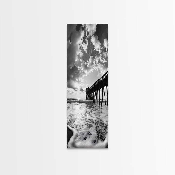 Pier at Sunrise, Ocean Horizon Print, Seascape Photography, Framed Canvas Print, Coastal Bathroom Wall Art, Nautical Theme Decor