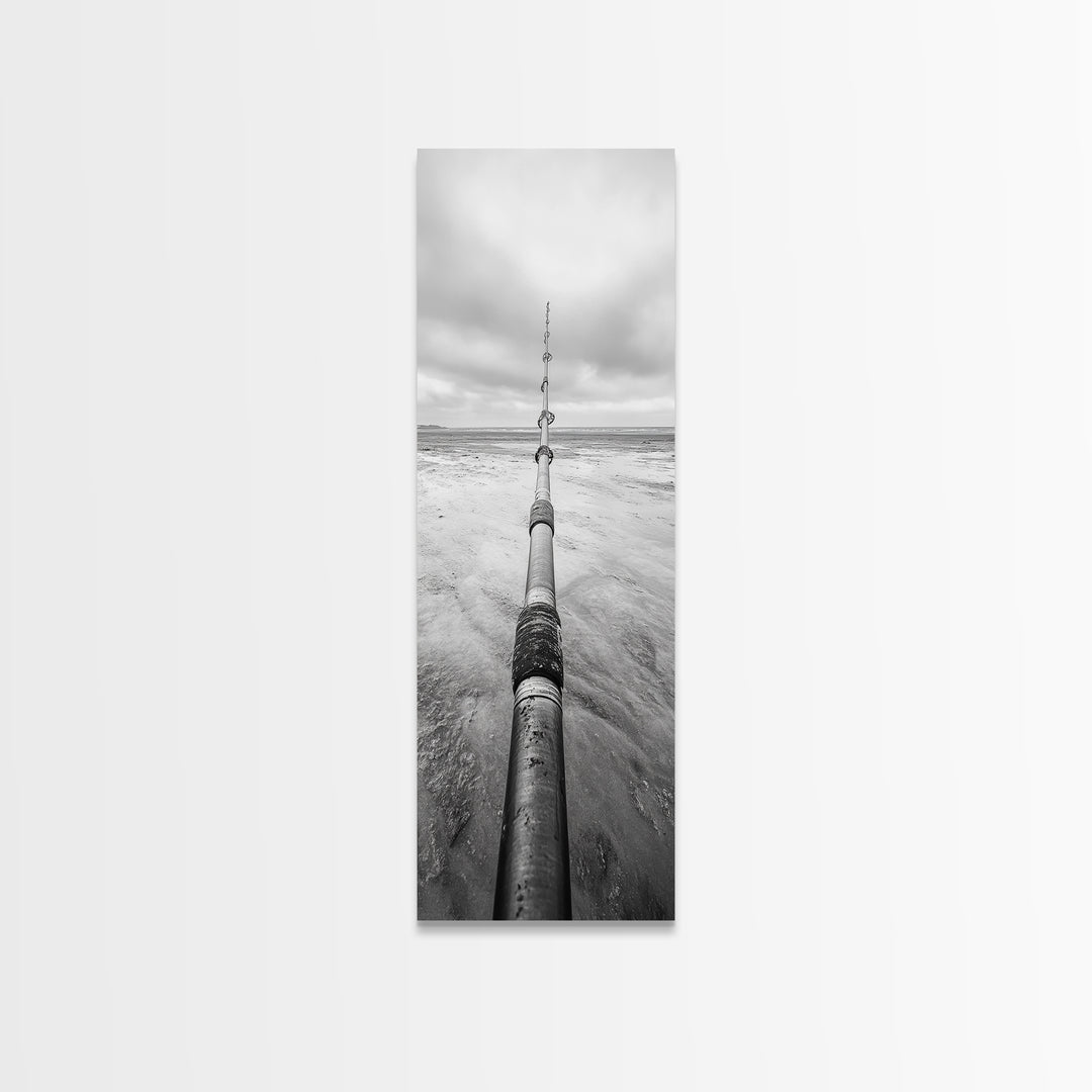 Pipeline Perspective, Industrial Seascape, Grunge Aesthetic, Framed Canvas Print, Coastal industrial art, Minimalist hallway decor, Monochrome print
