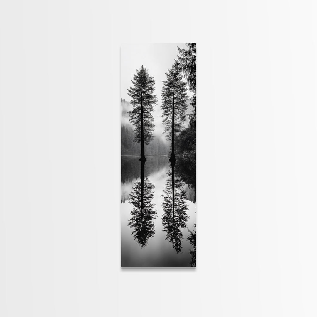 Twin Pines, Forest Reflection, Misty Lake, Black and White Nature, Framed Canvas Print, Living Room Wall Art, Nature Photography, Zen Decor