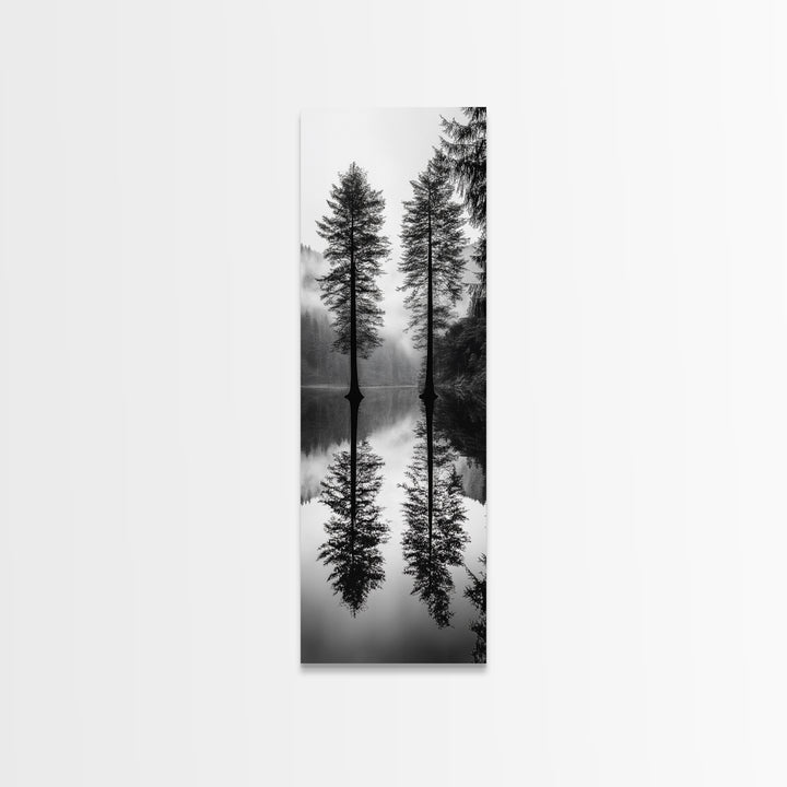 Twin Pines, Forest Reflection, Misty Lake, Black and White Nature, Framed Canvas Print, Living Room Wall Art, Nature Photography, Zen Decor
