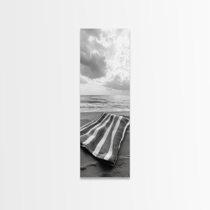 Beach Towel View, Ocean Breeze, Seaside Calm, Striped Blanket, Relaxation Mood, Framed Canvas Print, Bathroom Wall Art, Minimalist Coastal Art