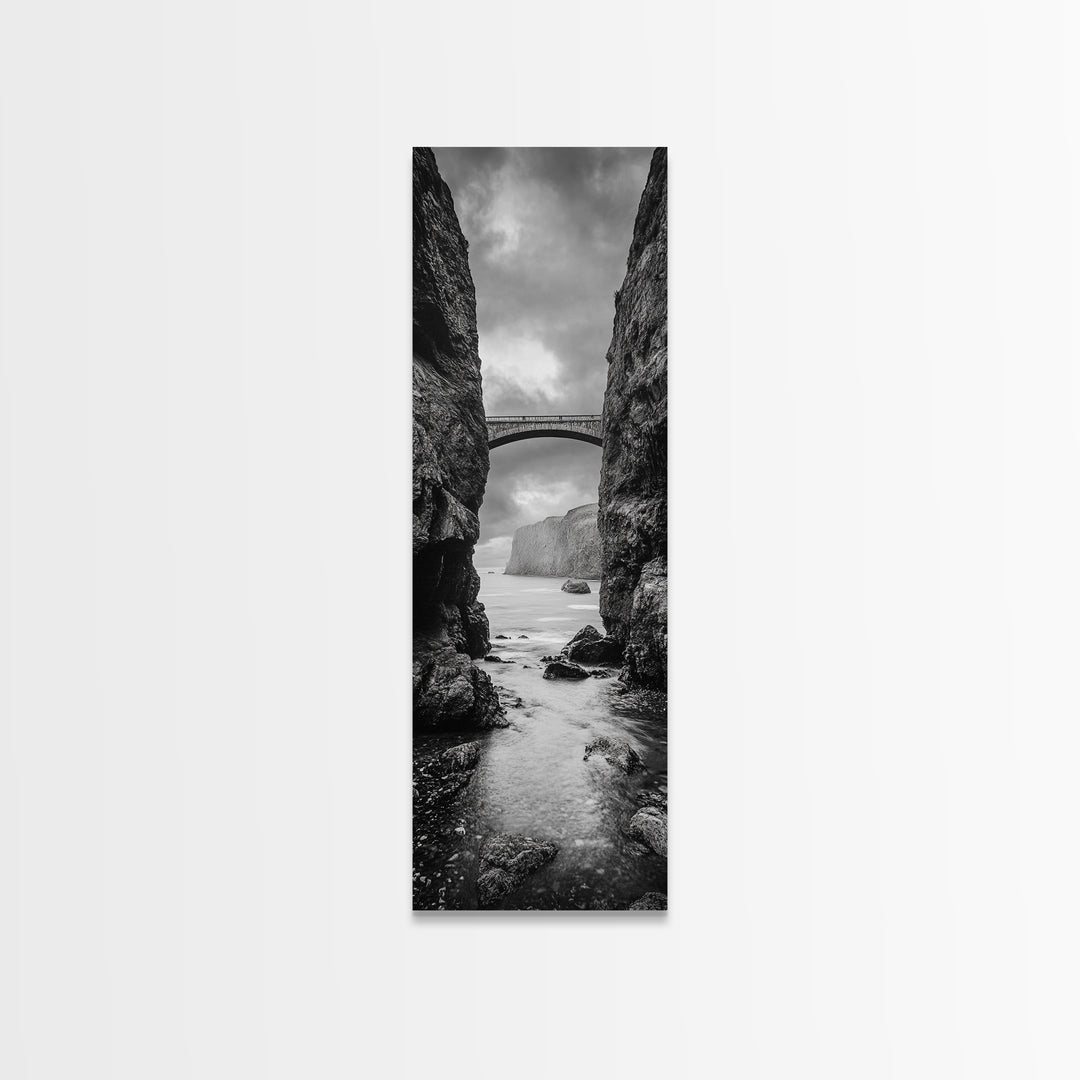 Sea Arch, Cliff Bridge, Coastal Landscape, Dramatic Ocean View, Black and White Framed Canvas Print, Bathroom Art, Hallway Wall Art