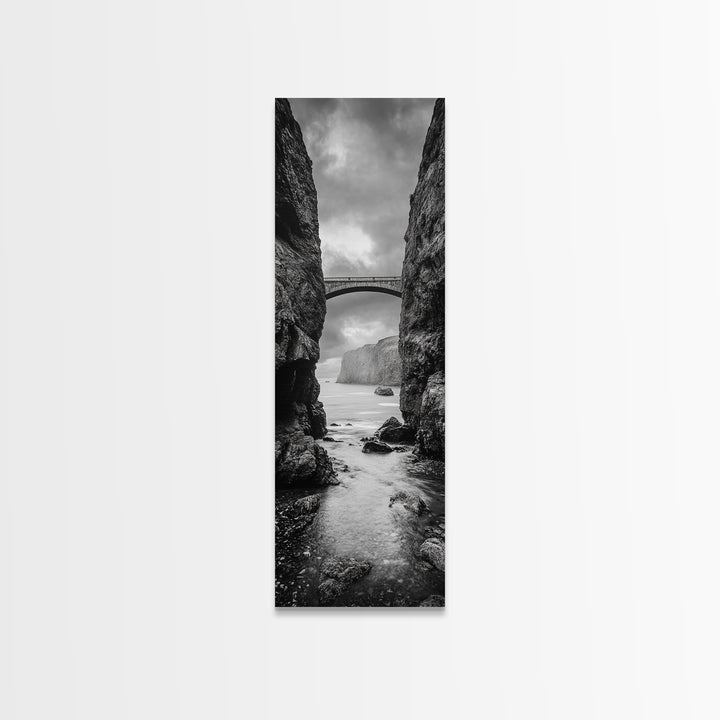 Sea Arch, Cliff Bridge, Coastal Landscape, Dramatic Ocean View, Black and White Framed Canvas Print, Bathroom Art, Hallway Wall Art