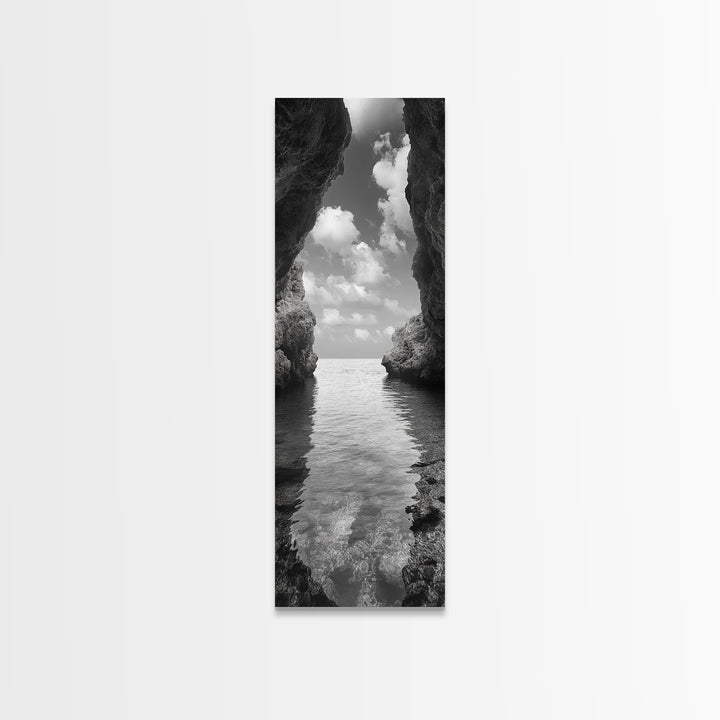 Ocean Cave, Tranquil Waters, Cloudy Sky, Coastal Wall Art, Canvas Print, Black and White Nature Decor, Modern Beach House Wall Art