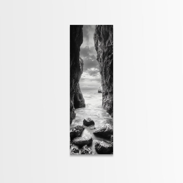 Rocky Passage, Seaside View, Cave Entrance, Dramatic Nature Scene, Framed Canvas Print, Moody Black and White Bedroom Wall Art, Hallway Decor