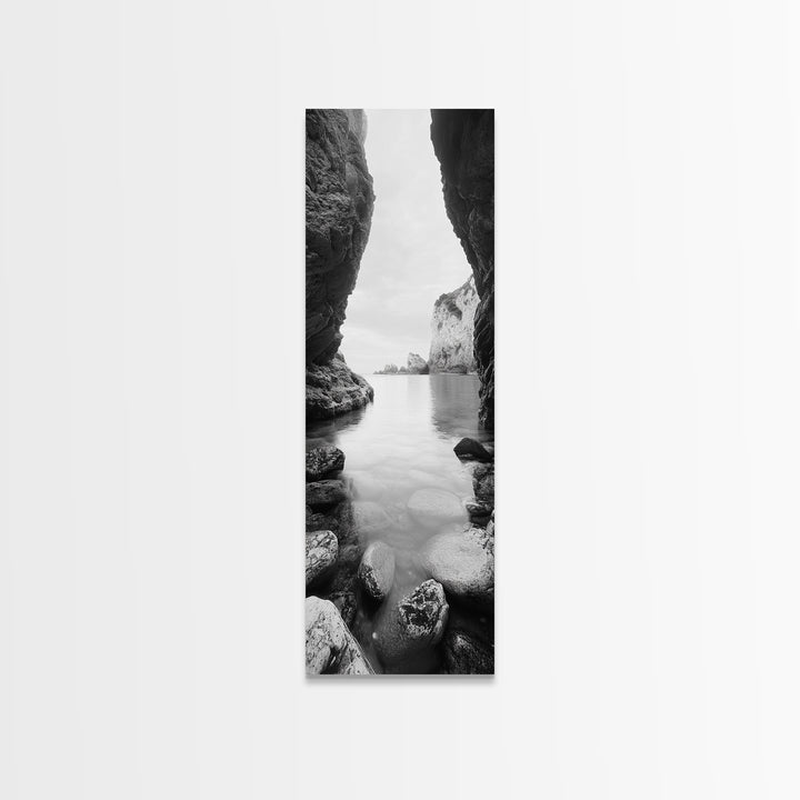 Cliff View, Hidden Bay, Ocean Serenity, Rock Formations, Canvas Print, Black and White Coastal Landscape, Entryway Art, Dining Wall Art