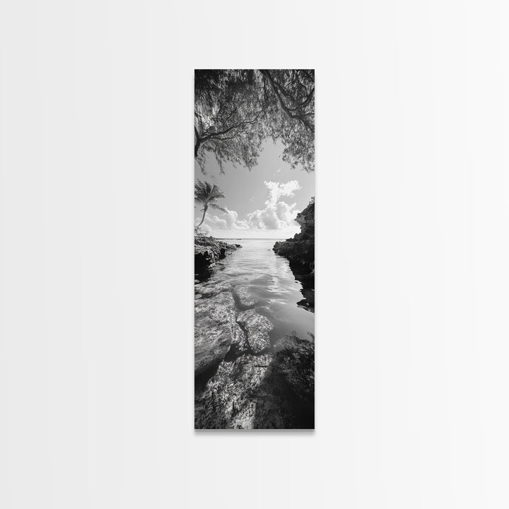 Island Cove, Palm Tree, Peaceful Sea, Tropical Coastline, Black and White Framed Canvas Print, Boho Beach Wall Art, Bathroom Decor