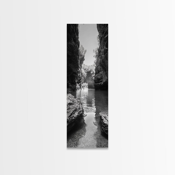 Cliff Canyon, Tranquil Water, Forest Reflection, Natural Pool, Framed Canvas Print, Black and White Nature Art, Spa Print, Hallway Decor