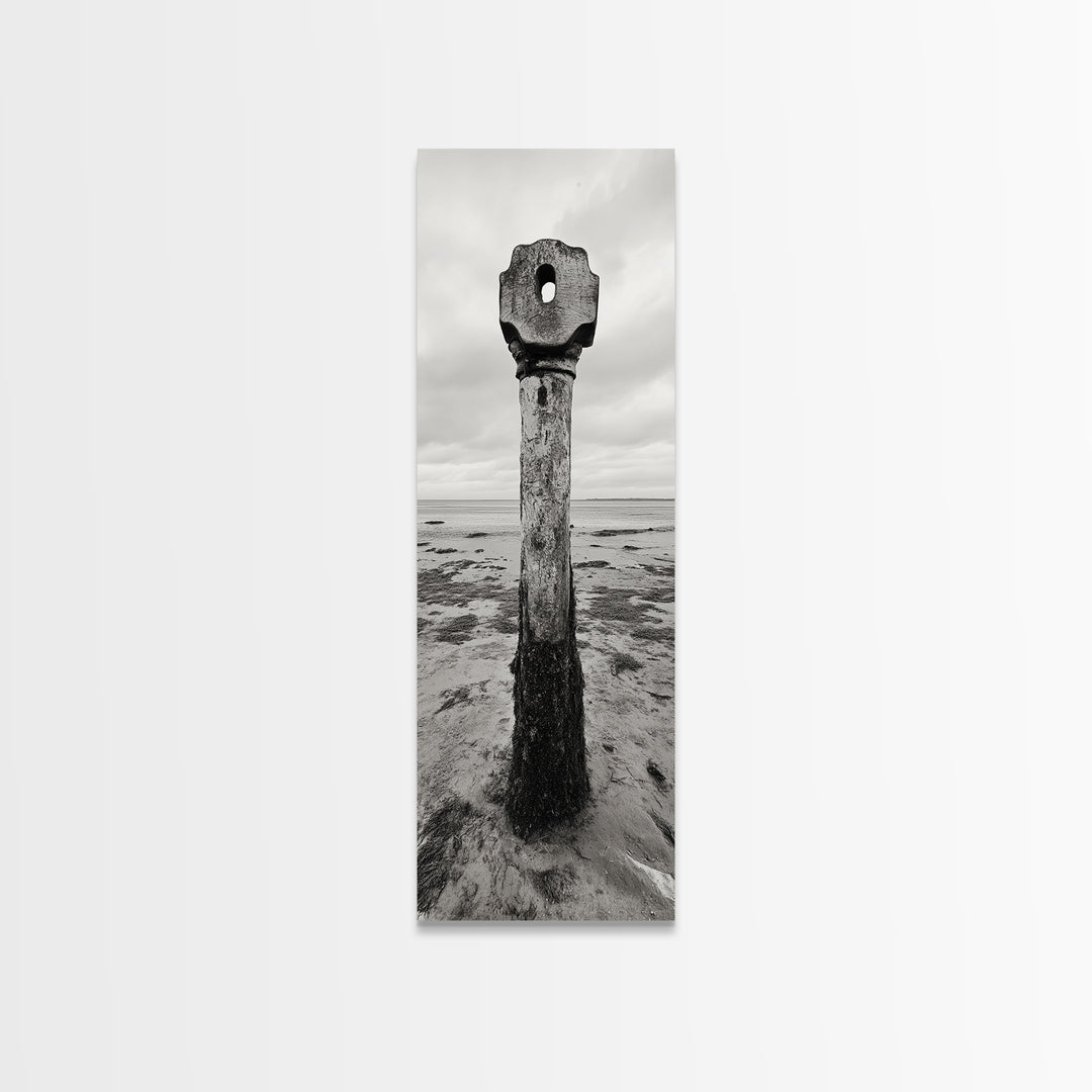 Driftwood Totem, Coastal Pillar, Ocean Beach Monochrome, Framed Canvas Print, Rustic Wall Art, Boho Bedroom Decor, Nature Photography