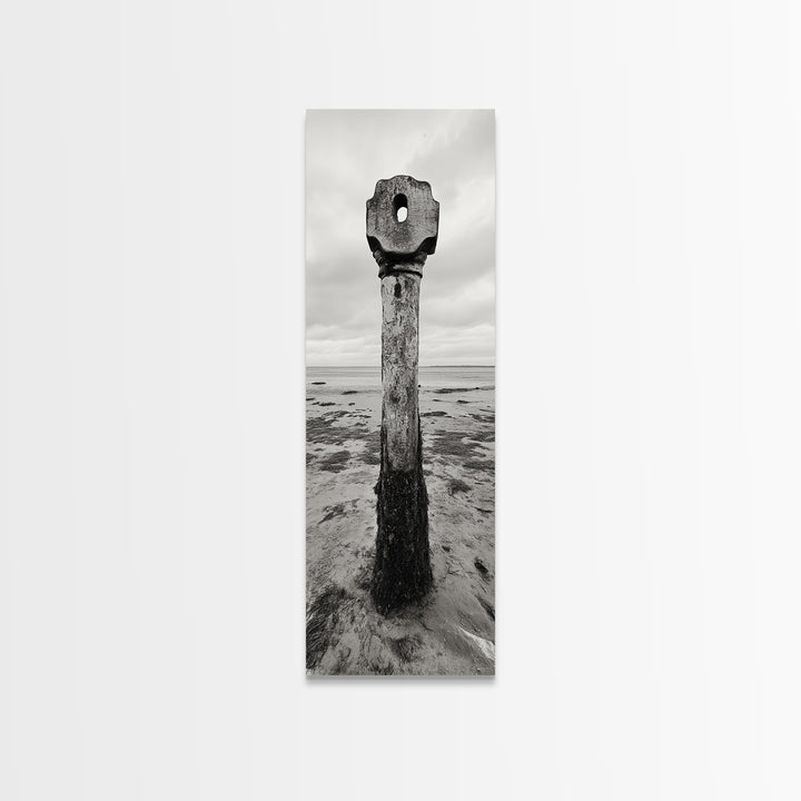 Driftwood Totem, Coastal Pillar, Ocean Beach Monochrome, Framed Canvas Print, Rustic Wall Art, Boho Bedroom Decor, Nature Photography