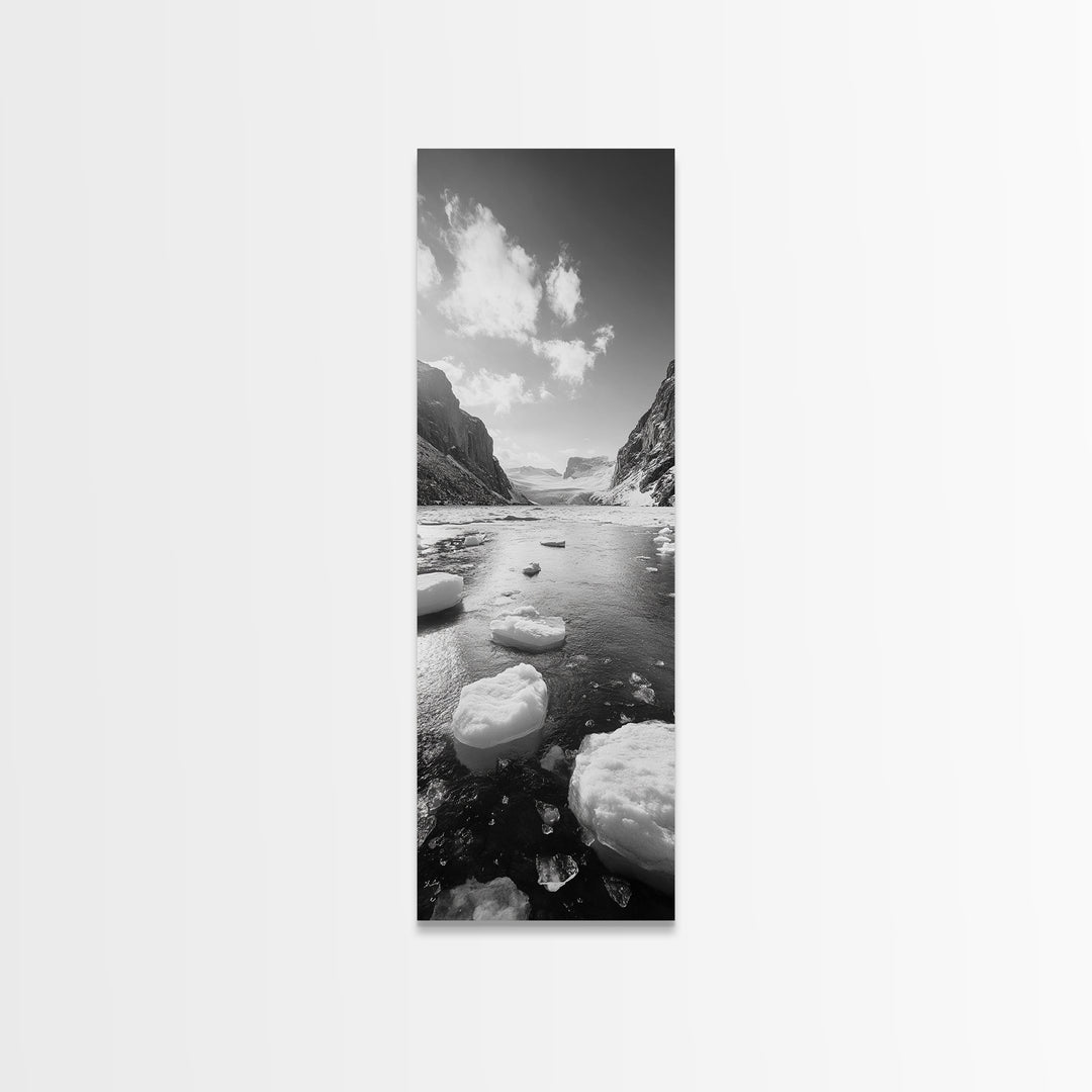 Arctic River, Snowy Mountains, Glacier Melt, Framed Canvas Print, Winter Landscape Art, Modern Living Room Decor, Nordic Aesthetic