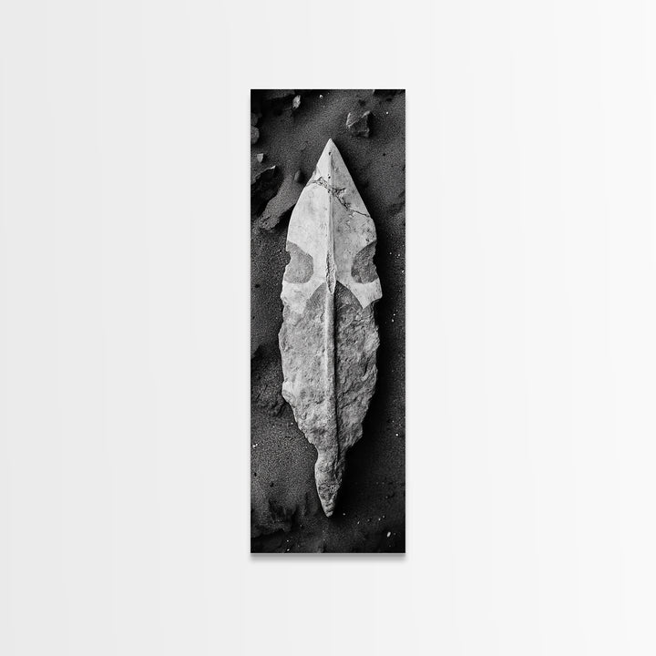 Ancient Arrowhead, Primitive Stone, Monochrome Artifact, Framed Canvas Print, Masculine Office Art, Boho Study Decor, Earthy Design