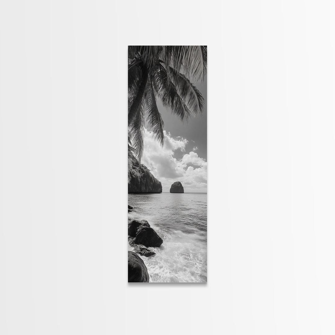 Island View, Palm Shoreline, Tropical Escape, Framed Canvas Print, Beach House Wall Art, Coastal Summer Decor, Zen Ocean Aesthetic