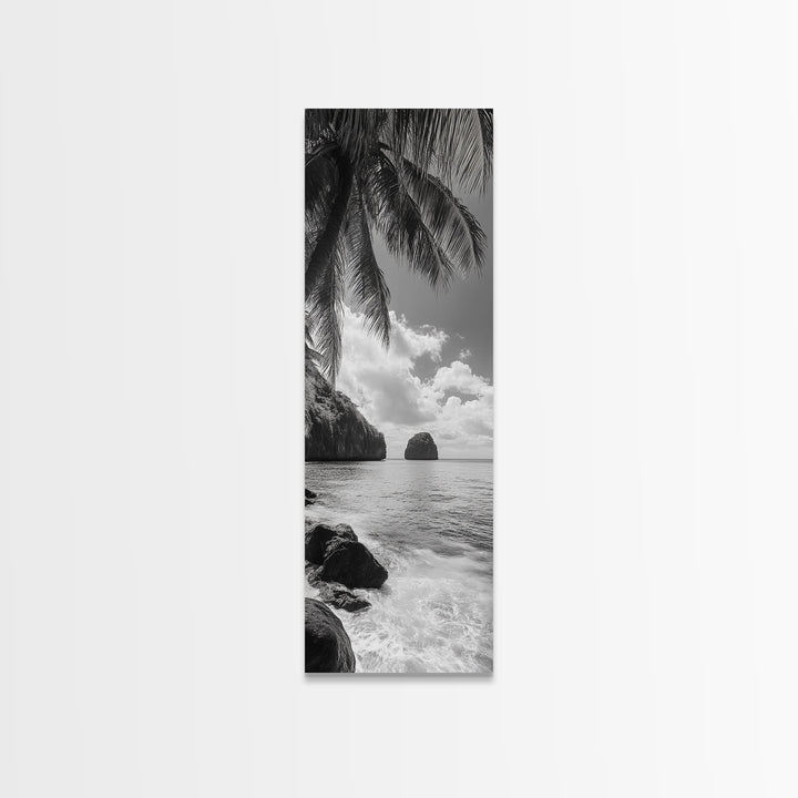 Island View, Palm Shoreline, Tropical Escape, Framed Canvas Print, Beach House Wall Art, Coastal Summer Decor, Zen Ocean Aesthetic