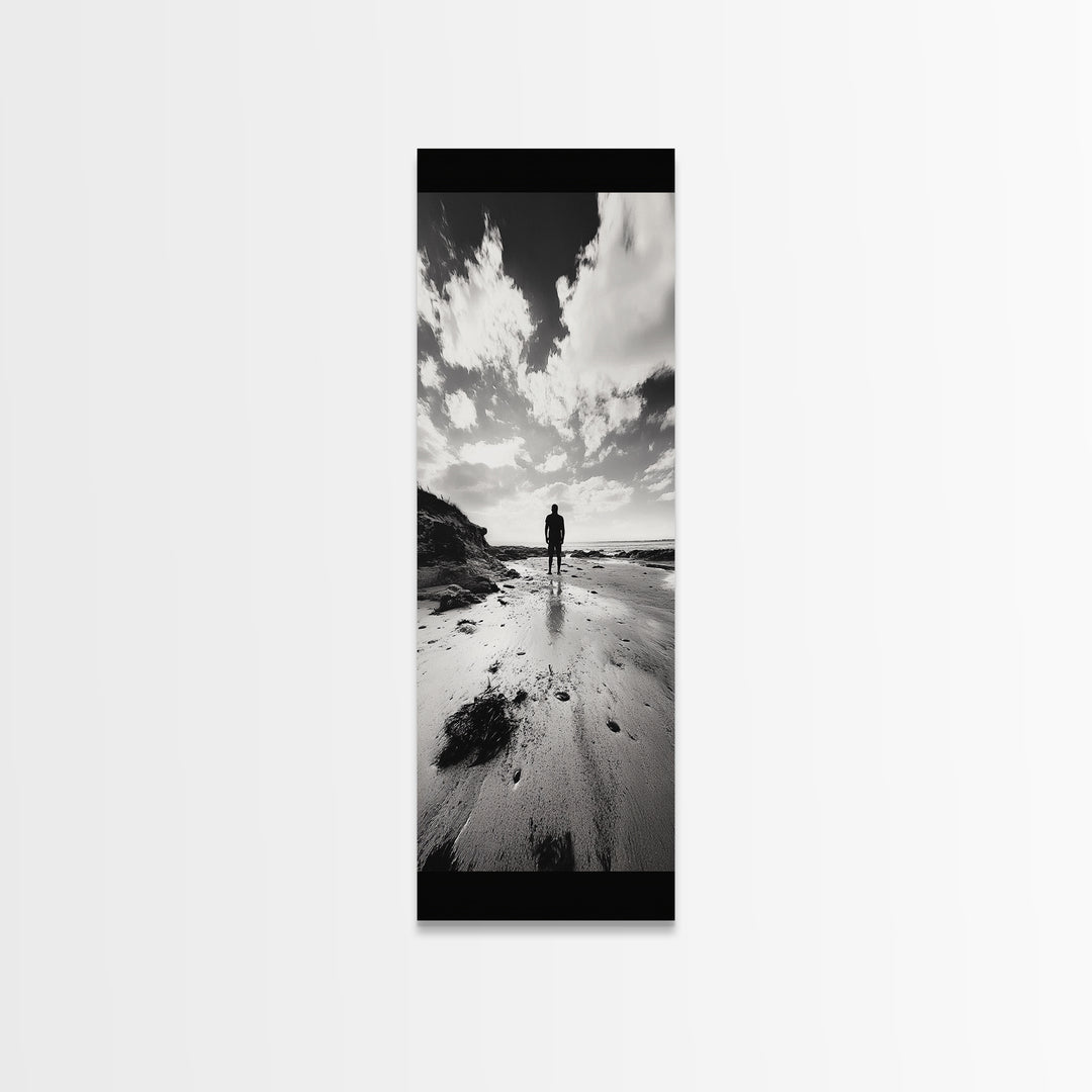 Lone Beach Walker, Dramatic Sky, Ocean Reflections, Solitude Moment, Framed Canvas Print, Hallway Wall Art, Moody Minimalist Decor