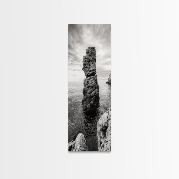 Coastal Rock, Ocean Tower, Nature Photography, Framed Canvas Print, Minimalist Wall Decor, Living Room Wall Art, Black and White Seascape