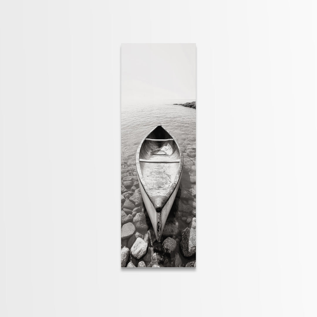 Rowboat Stillness, Peaceful Waters, Lake Canoe, Canvas Print, Entryway Wall Art, Minimalist Home Decor, Black and White Photography