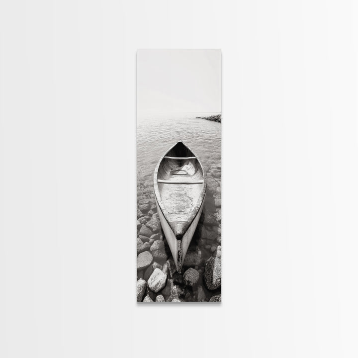Rowboat Stillness, Peaceful Waters, Lake Canoe, Canvas Print, Entryway Wall Art, Minimalist Home Decor, Black and White Photography