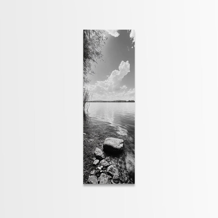 Peaceful Lake, Cloud Reflection, Shoreline Stones, Framed Canvas Print, Guest Room Wall Art, Nature Inspired Decor, Minimalist Landscape