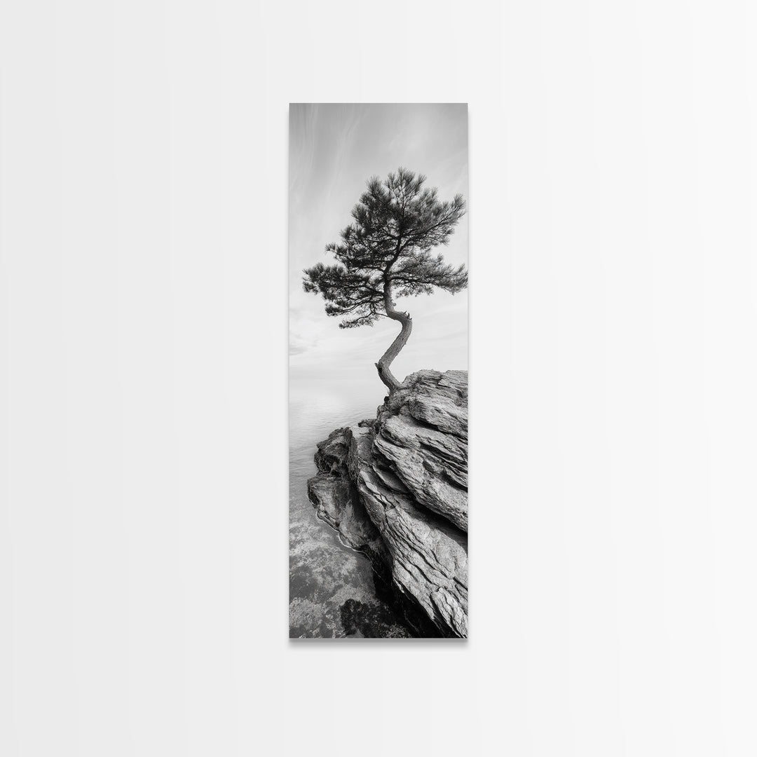 Lone Pine Tree, Minimal Nature, Tranquil Cliff Scene, Zen Forest Print, Framed Canvas Print, Japandi Wall Art, Entryway Tree Print, Nature Minimalism
