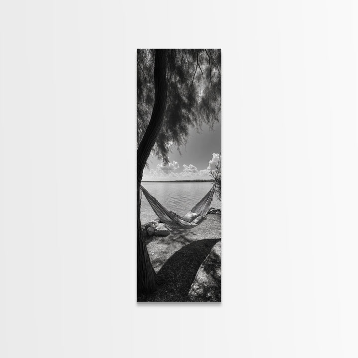 Hammock Dreams, Coastal Rest, Lakeside Retreat, Chill Vibes, Framed Canvas Print, Boho Wall Art, Serene Bedroom Art, Relaxation Inspired Decor