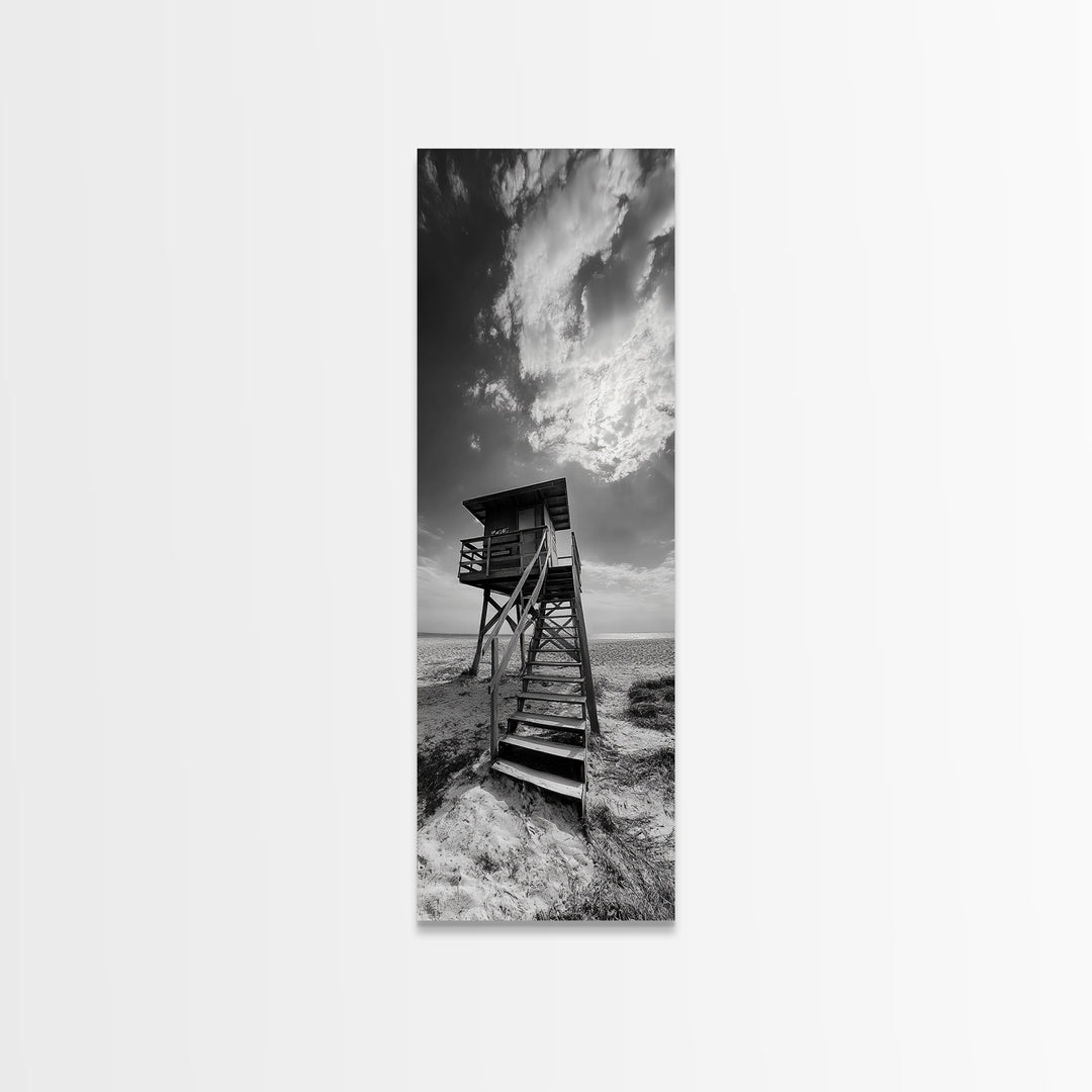 Lifeguard Tower, Beach Vibes, Ocean Escape, Dramatic Sky, Framed Canvas Print, Surf Shack Decor, Coastal Bedroom Wall Art, Minimal Beach Art