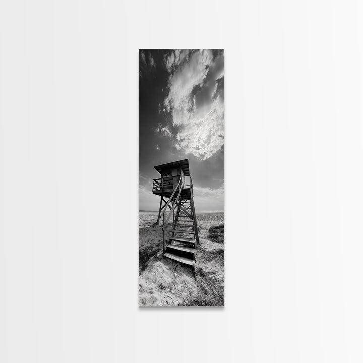 Lifeguard Tower, Beach Vibes, Ocean Escape, Dramatic Sky, Framed Canvas Print, Surf Shack Decor, Coastal Bedroom Wall Art, Minimal Beach Art