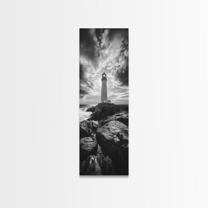 Coastal Beacon, Nautical Light, Ocean Landscape, Sunset Sky, Lighthouse Photography Framed Canvas Print, Living Room Nautical Wall Art