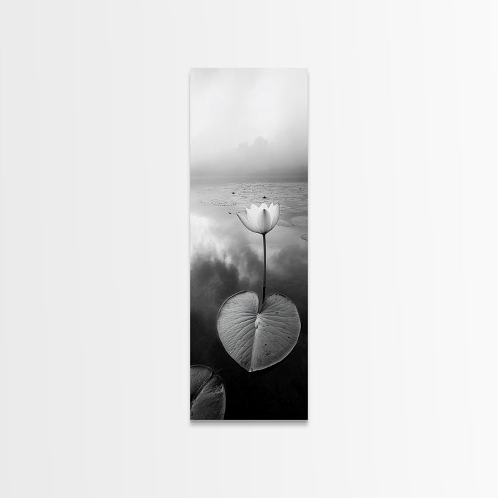 Minimalist Lotus, Zen Flower, Misty Pond, Tranquil Nature, Monochrome Botanical Framed Canvas Print, Bedroom Meditation Wall Decor