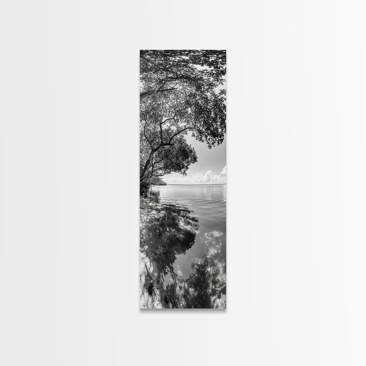 Mangrove Shoreline, Tree Reflections, Still Waters, Tranquil Escape, Black White Nature Framed Canvas Print, Zen Wall Art Entryway Decor