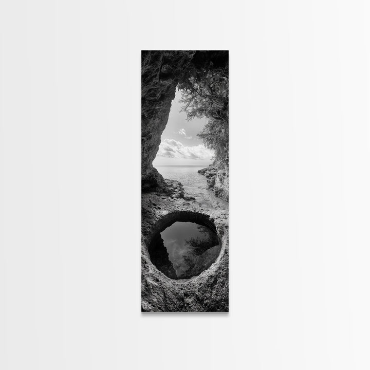 Ocean Cave, Coastal View, Natural Tide Pool, Canvas Print, Bathroom Wall Art, Seaside Decor, Minimalist Landscape, Black and White Art