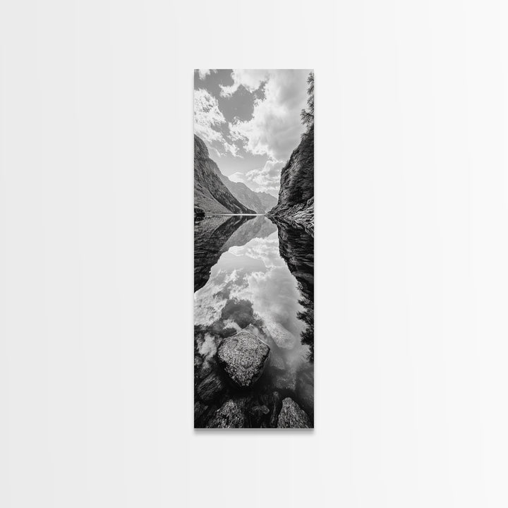 Reflective Lake, Cloud Mirror, Mountain Calm, Canvas Print, Serene Bedroom Wall Art, Nature Tranquility, Scandinavian Landscape Style