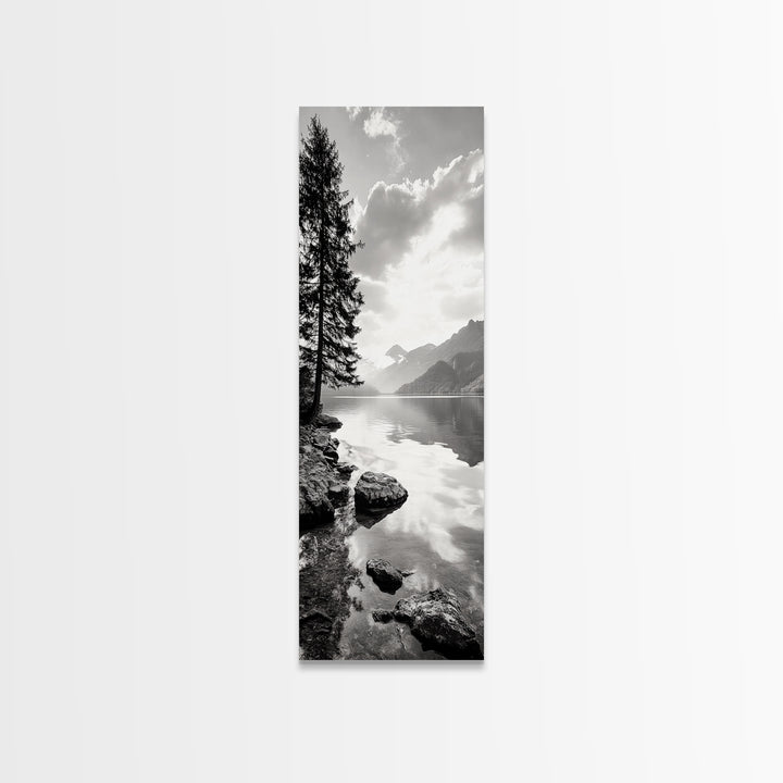 Mountain Lake Peace, Still Water View, Nature Escape, Framed Canvas Print, Living Room Wall Art, Nordic Cabin Decor, Minimal Landscape