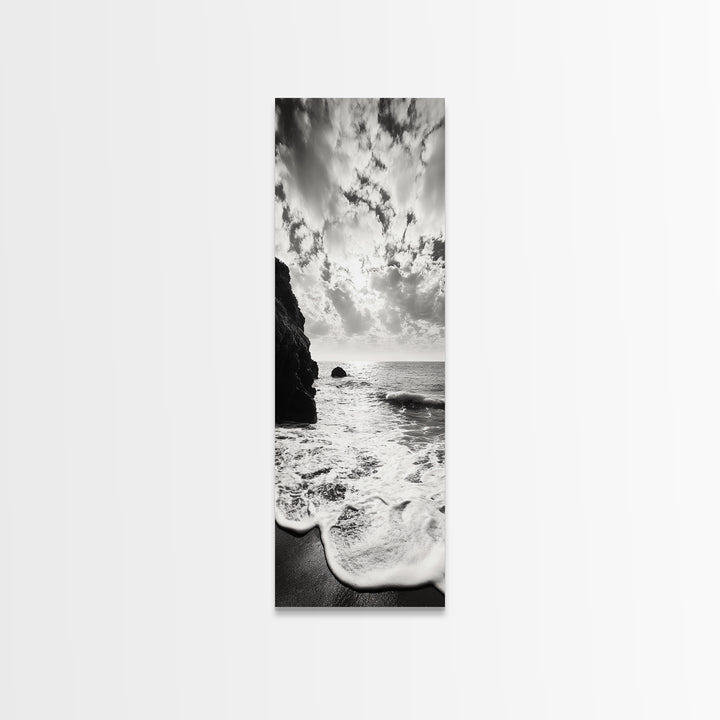 Ocean Sunset Foam, Coastal Waves Print, Seascape Minimalist, Fall Bathroom Decor, Canvas Print, Black White Beach Photography