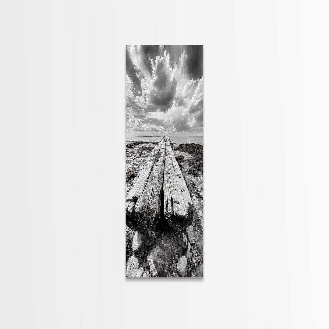 Weathered Pier End, Dramatic Ocean View, Minimalist Coastal Landscape, Canvas Print, Living Room Fall Wall Art, Rustic Decor