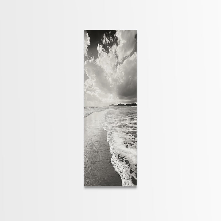 Beach Horizon, Ocean Calm, Foamy Shore, Black White Coastal Art, Canvas Print, Bathroom Decor, Peaceful Coastal Minimalist Style