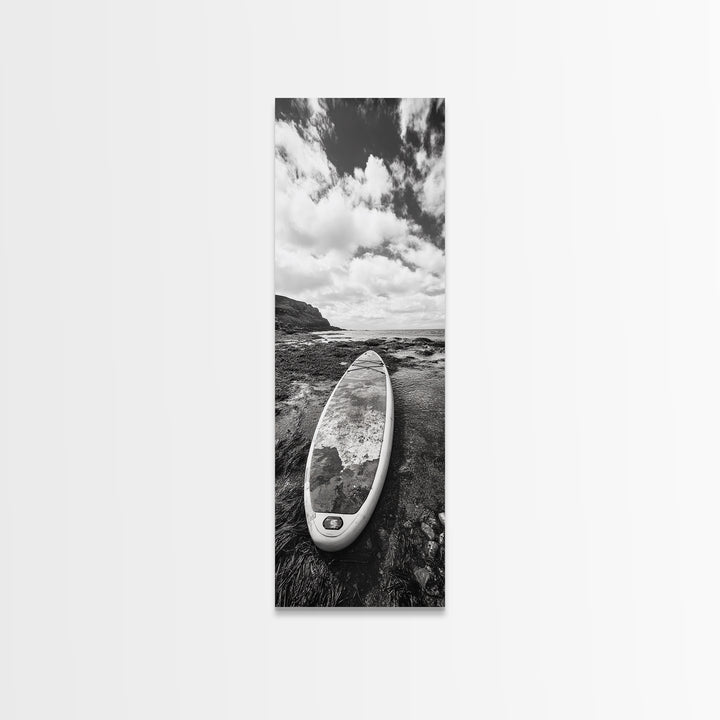 Surfboard Still, Rocky Shore, Beach Vibes, Framed Canvas Print, Coastal Bathroom Wall Art, Minimalist Beach Decor, Summer Style