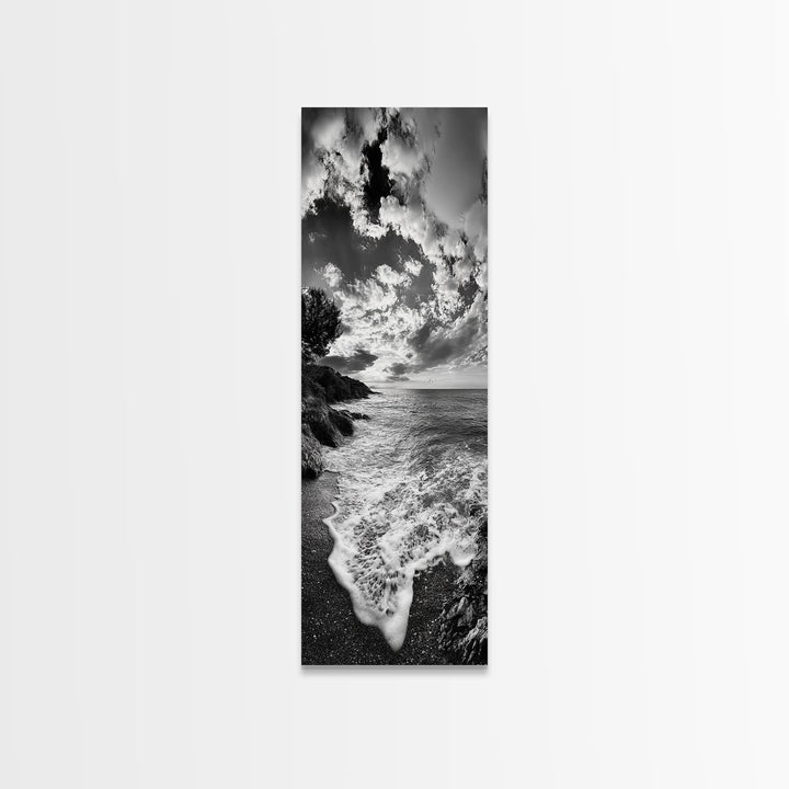 Rocky Coastline, Ocean Foam, Sunset Glow, Framed Canvas Print, Nautical Wall Art, Beach House Decor, Moody Seascape Photography