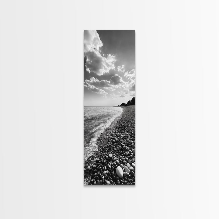 Pebble Beach, Gentle Waves, Coastal Calm, Framed Canvas Print, Minimalist Bathroom Wall Art, Nature Texture Decor, Seaside Zen, Office Wall Art