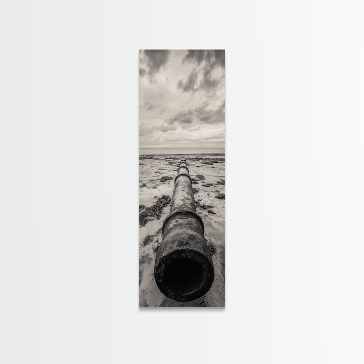 Rusted Pipe Beach, Industrial Coastal Vibe, Grunge Seascape, Framed Canvas Print, Urban Loft Art, Bathroom Wall Art, Office Wall Art
