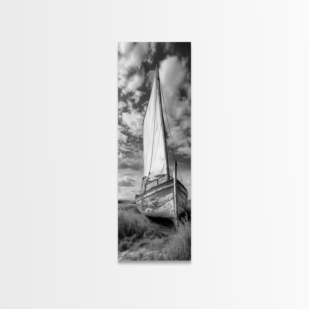 Weathered Sailboat Scene, Coastal Rustic Charm, Seafaring Wall Decor, Framed Canvas Print, Nautical Bathroom or Hallway Art, Ocean Decor