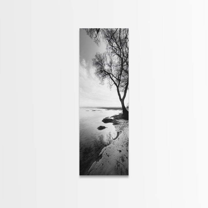 Bare Tree Reflection, Minimal Winter Shoreline, Calm Monochrome Art, Framed Canvas Print, Scandinavian Living Room Art, Bathroom Art
