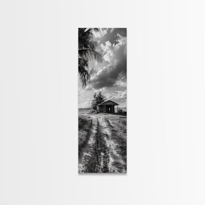 Rustic Cabin, Countryside Road, Farm Field, Palm Trees, Framed Canvas Print, Farmhouse Entryway Wall Art, Fall Landscape,  Den Wall Art